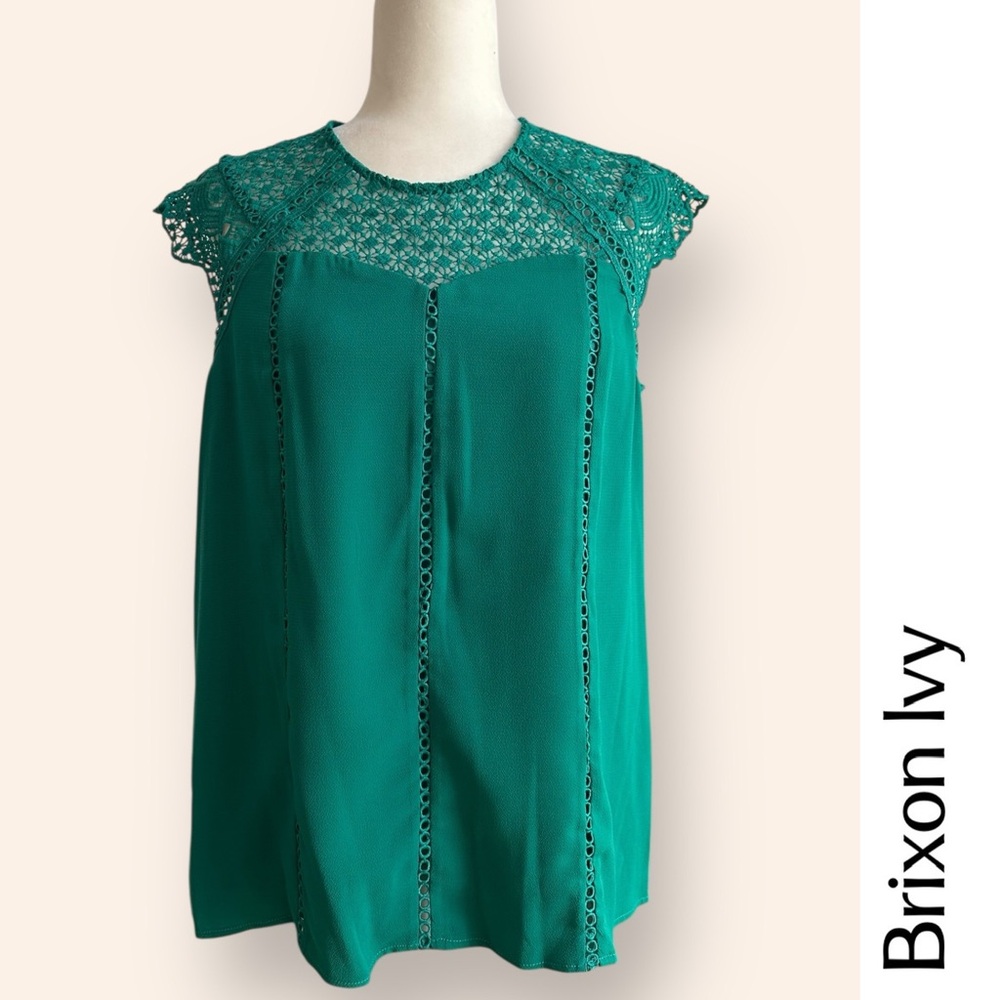 NWT Brixon Ivy Green Lace Accent Blouse, Size M, MSRP $54